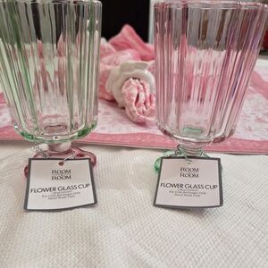Pair of Pink and Light Green Flower Glass Cups Room To Room Brand New